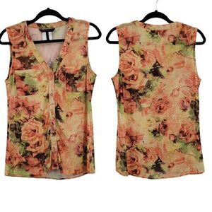 BCBGMaxAzaria Sleeveless‎ Blouse Top L Floral Mesh Button Down V-neck Feminine